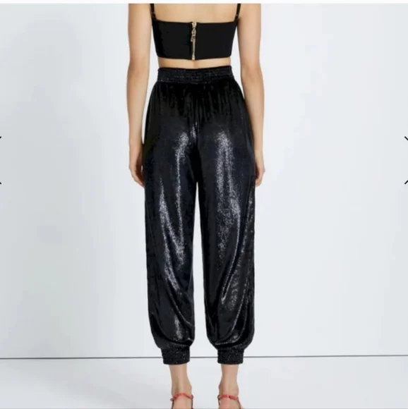 7 For All Mankind Luxe Jogger in Black Shine Size M  Festive Shiny Party Pant - Picture 2 of 14